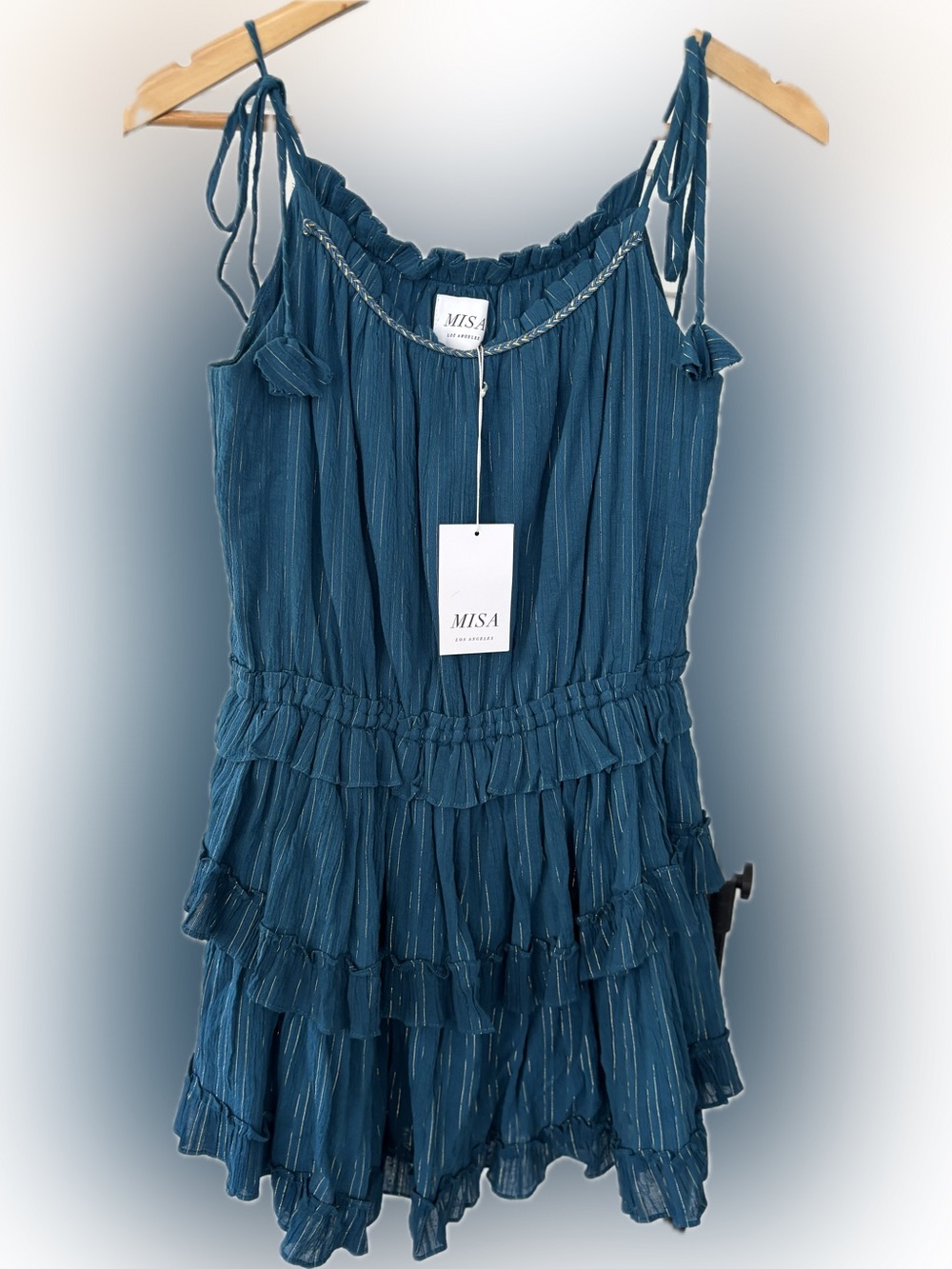 NWT Misa Los Angeles Teal Tiered Midi Dress with Metallic Thread